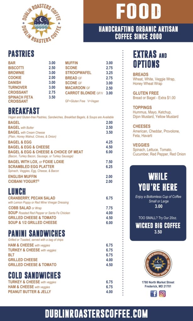 Dublin Roasters Menu Artisan Coffee & Food