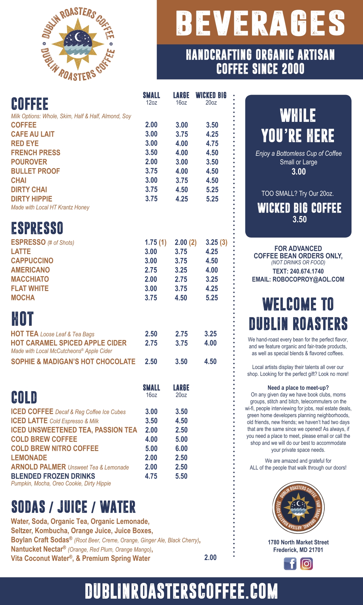 coffee and beverage menu